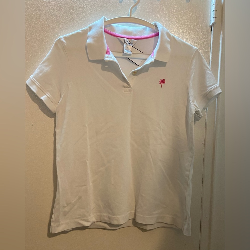 Vintage Lilly‎ Pulitzer Polo Shirt Pima Cotton Embroidered Palm Tree Preppy Sz L